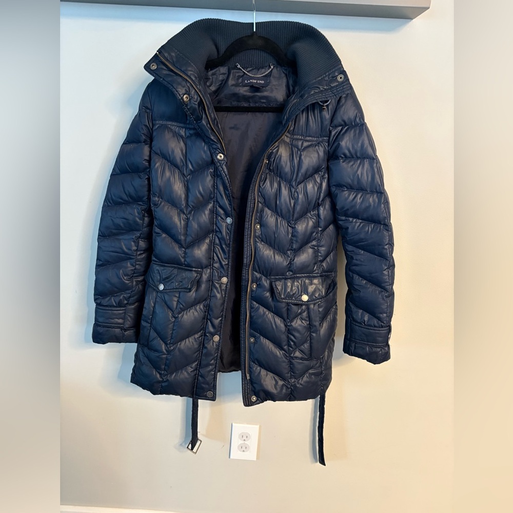 Women’s Lands' End Navy Puffer Coat mid-length with belt, down filled, XS